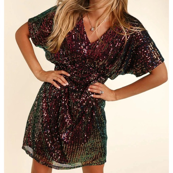 Black iridescent mini dress with v-neck design and dolman sleeves. - Picture 2 of 6